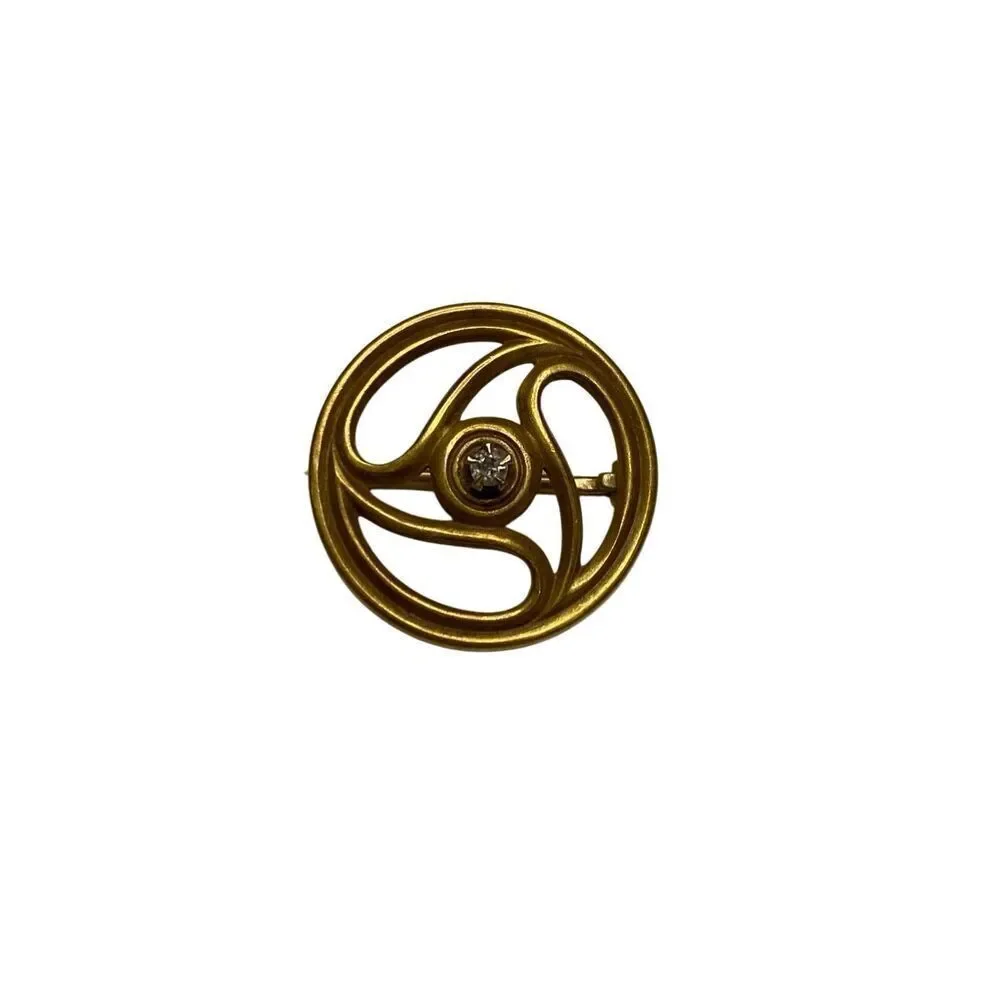 Vintage 14K Gold Swirl Brooch Pin Mid Century Clear Stone JFF Fine Jewelry